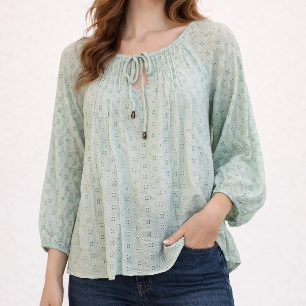 NEW DIRECTIONS Eyelet Peasant Tie Neckline Cottage Coquette Blouse - Picture 1 of 9